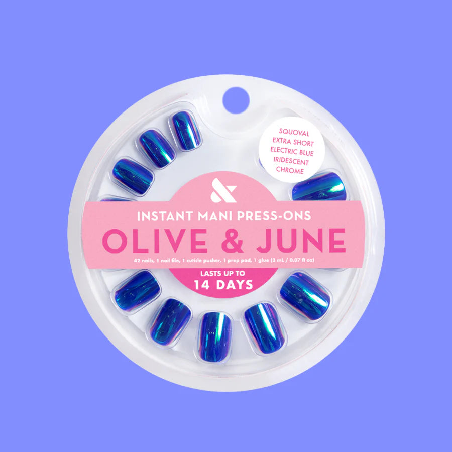 Electric Blue Iridescent Chrome - Press-On | Extra Short | Squoval